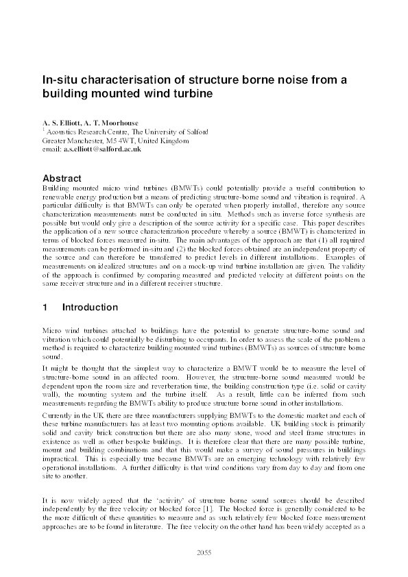 In-situ characterisation of structure borne noise from a
building mounted wind turbine Thumbnail