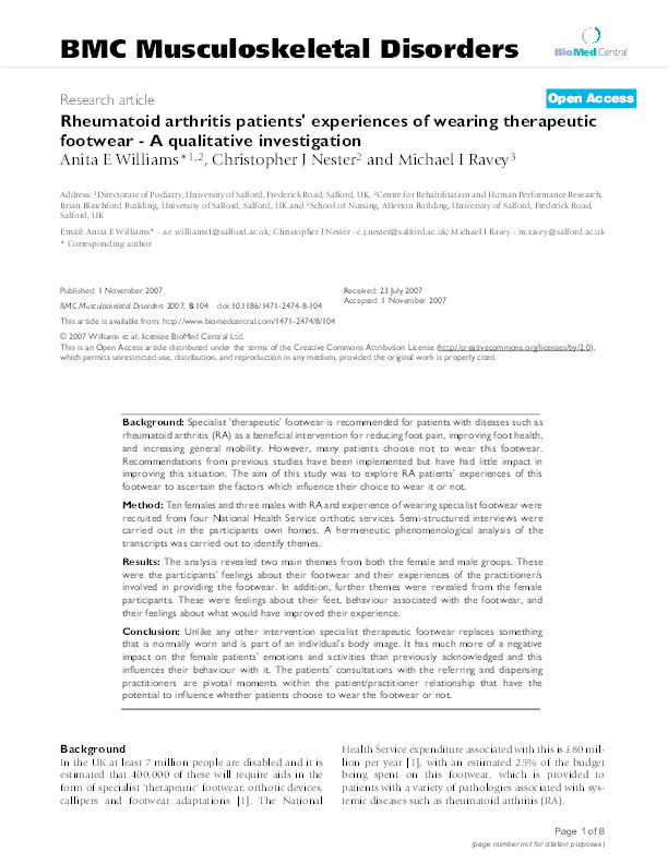 Rheumatoid arthritis patients' experiences of wearing therapeutic footwear - A qualitative investigation Thumbnail