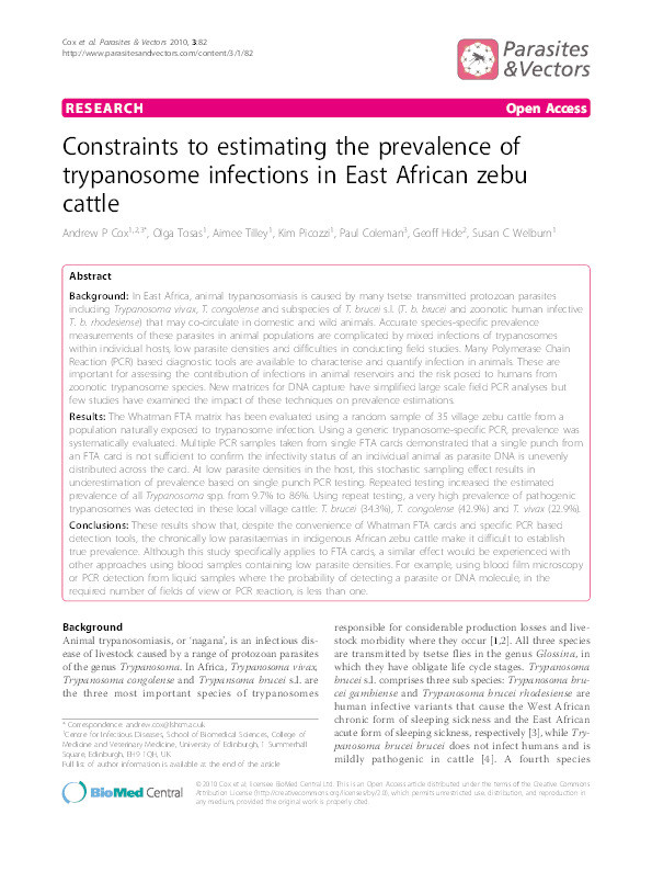 Constraints to estimating the prevalence of trypanosome infections in East African zebu cattle Thumbnail