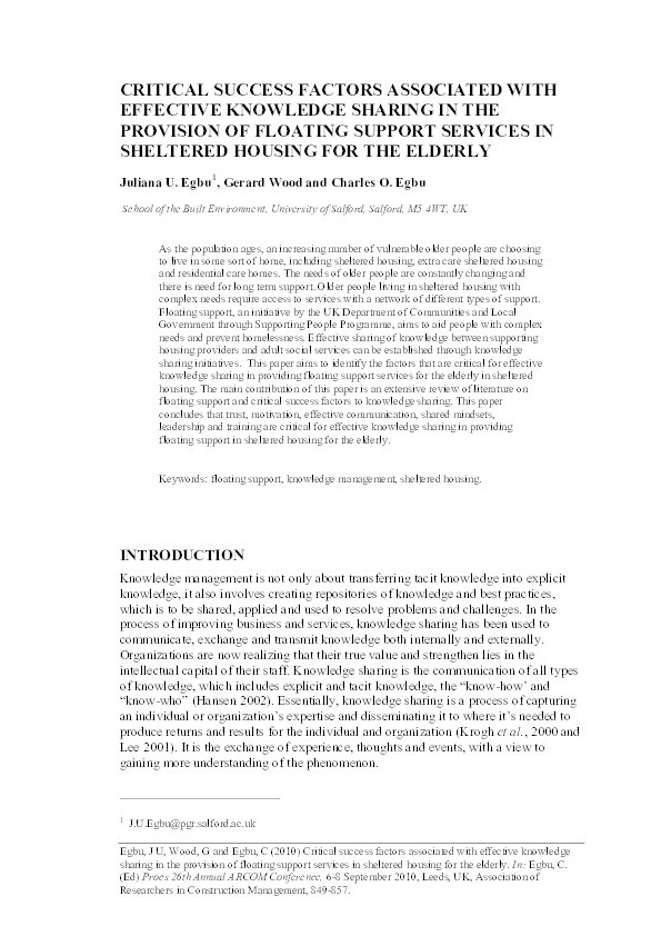 Critical success factors associated with effective knowledge sharing in the provision of floating support services in sheltered housing for the elderly Thumbnail