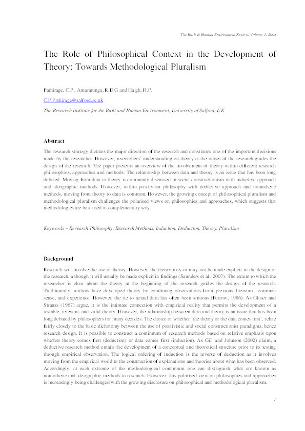 The role of philosophical context in the development of theory: Towards methodological pluralism Thumbnail