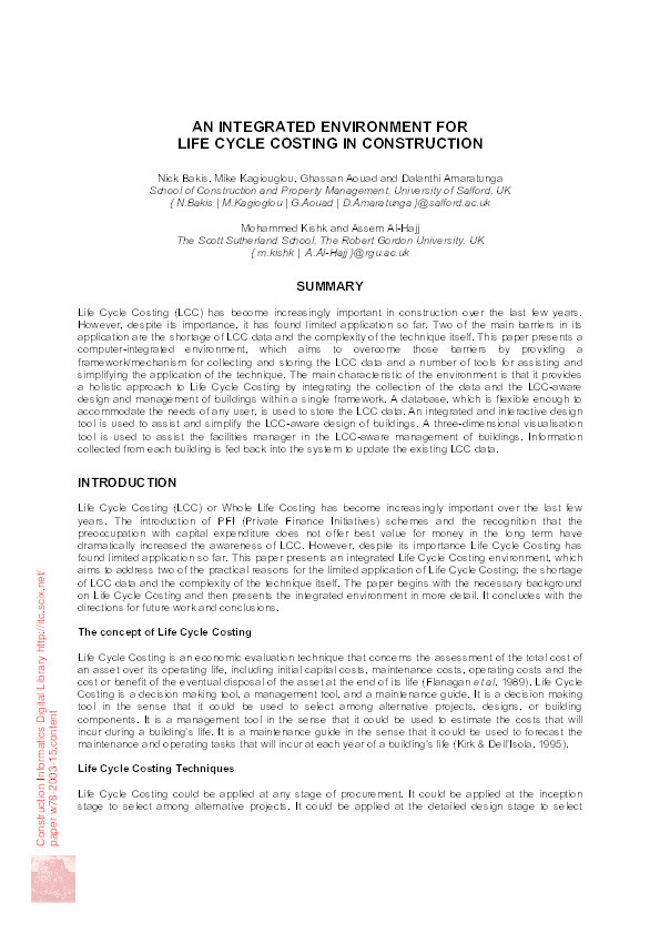 An integrated environment for life cycle costing in construction Thumbnail