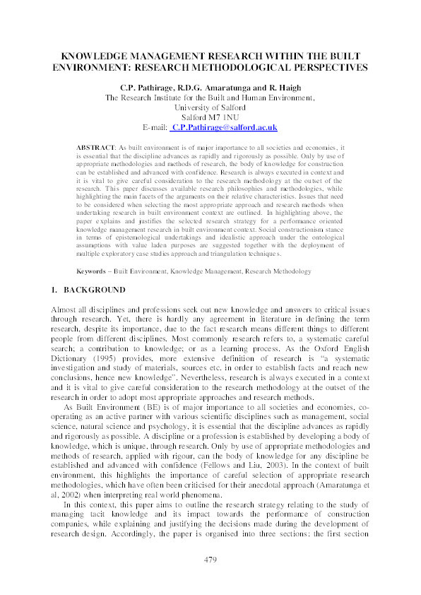 Knowledge management research within the built environment:  Research methodological perspectives Thumbnail
