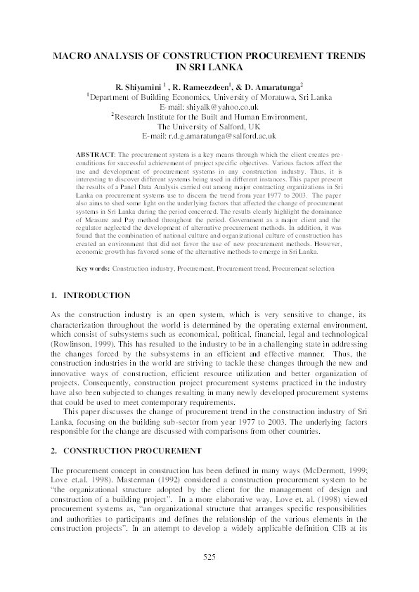 Macro analysis of construction procurement trends in Sri Lanka Thumbnail