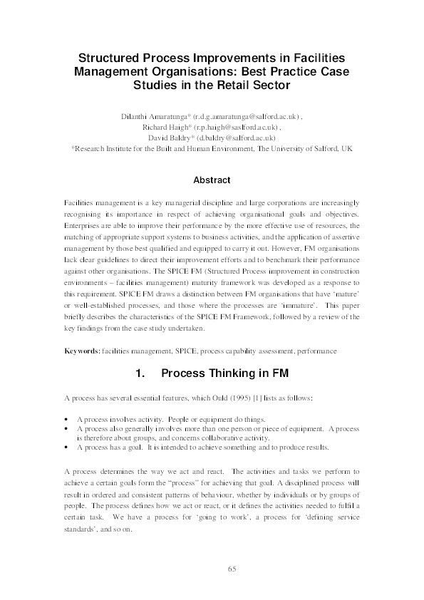 Structured process improvements in facilities management organisations: Best practice case studies in the retail sector Thumbnail