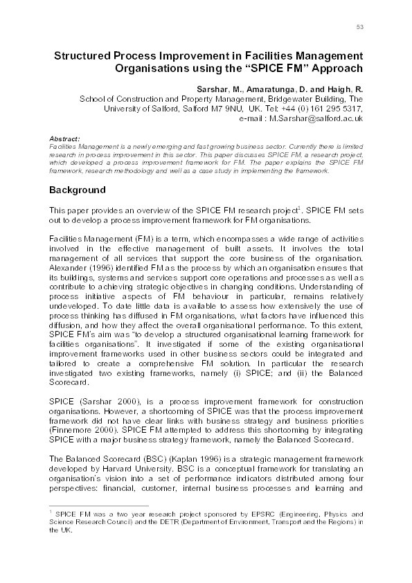 Structured process improvement in facilities management organisations using the SPICE FM approach Thumbnail
