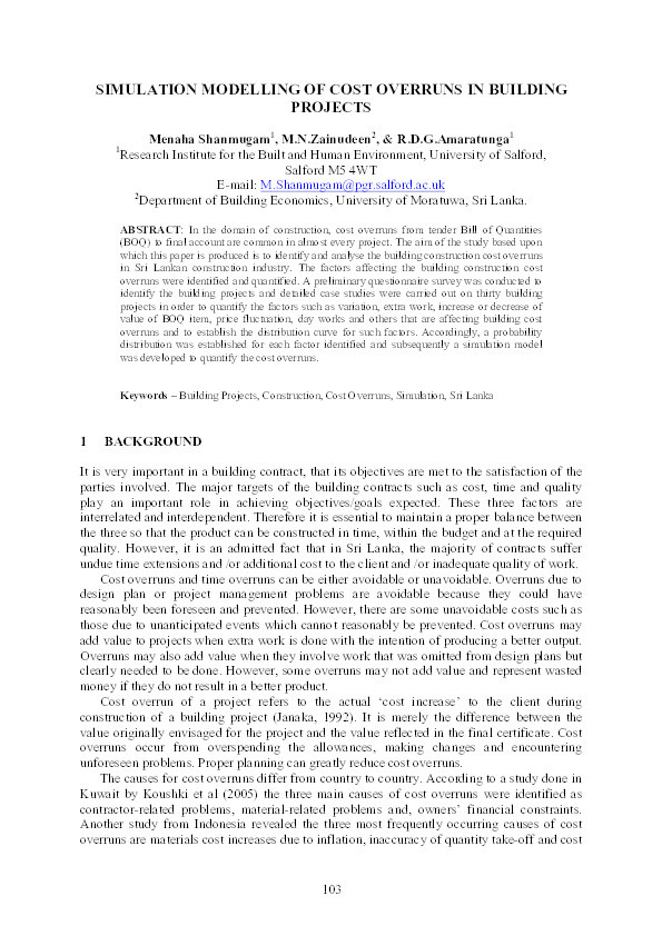 Simulation modelling of cost overruns in building projects Thumbnail