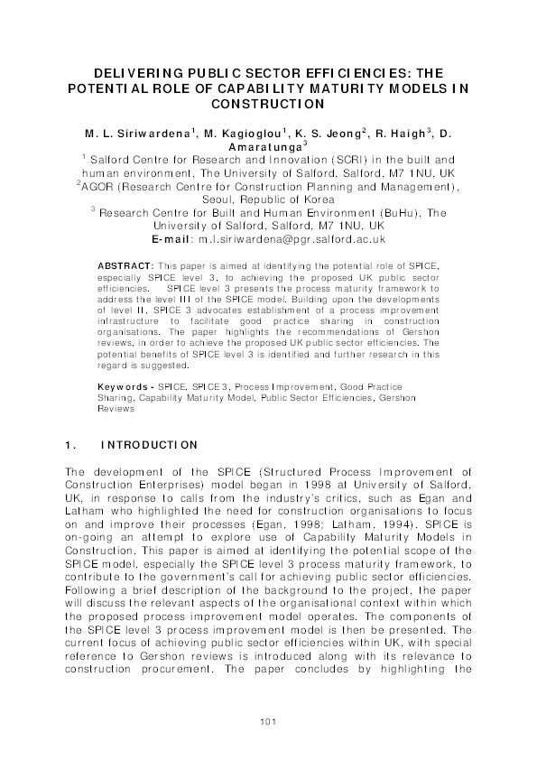 Delivering public sector efficiencies : the potential role of capability maturity models in construction Thumbnail