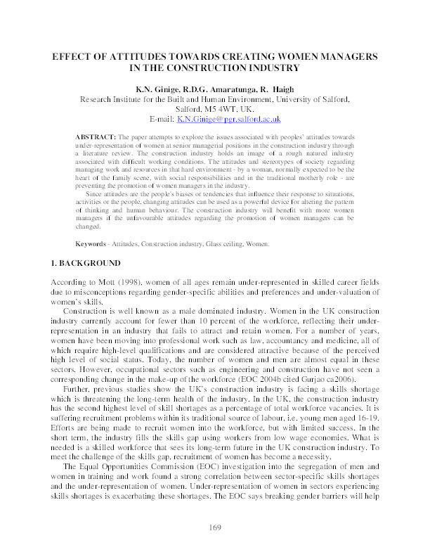 Effect of attitudes towards creating women managers in the construction industry Thumbnail
