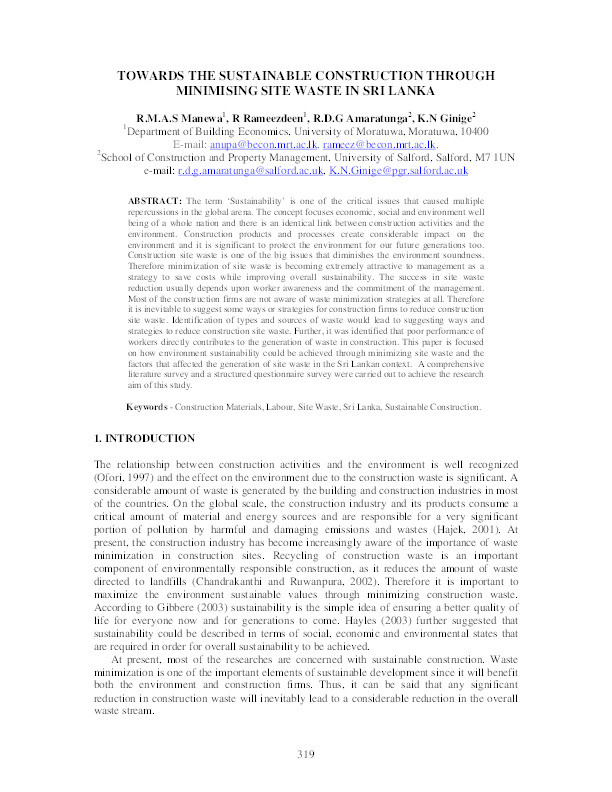 Towards The sustainable construction through minimising site waste in Sri Lanka Thumbnail