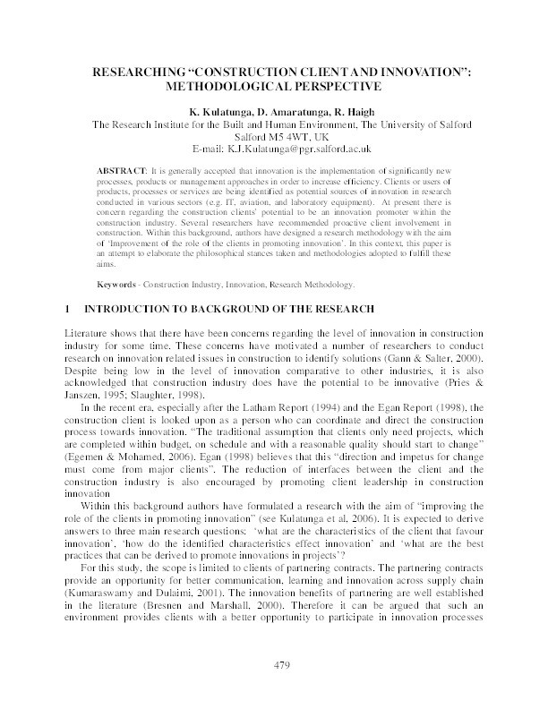 Researching construction client and innovation: methodological perspective Thumbnail