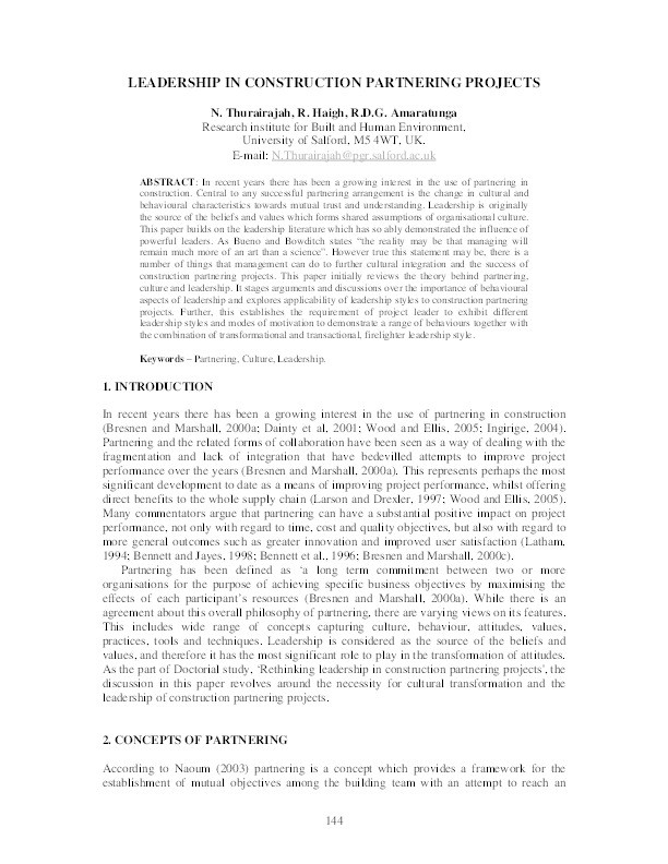 Leadership in construction partnering projects Thumbnail