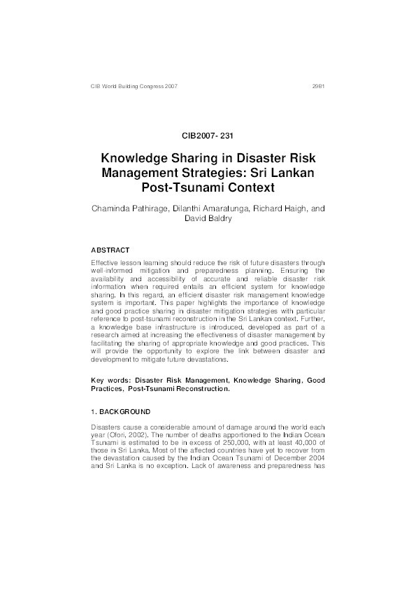 Knowledge sharing in disaster management strategies: Sri Lankan post-tsunami context Thumbnail