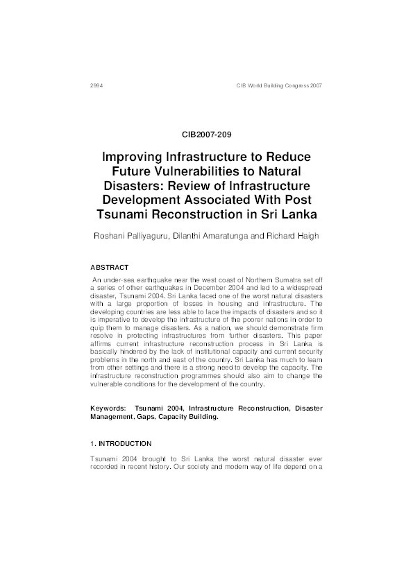 Review of infrastructure facilities development in Sri Lanka associated with post tsunami reconstruction and rehabilitation Thumbnail