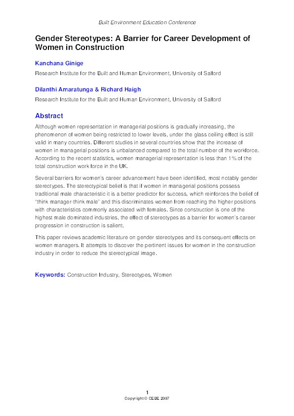 Gender stereotypes: A barrier for career development of women in construction Thumbnail