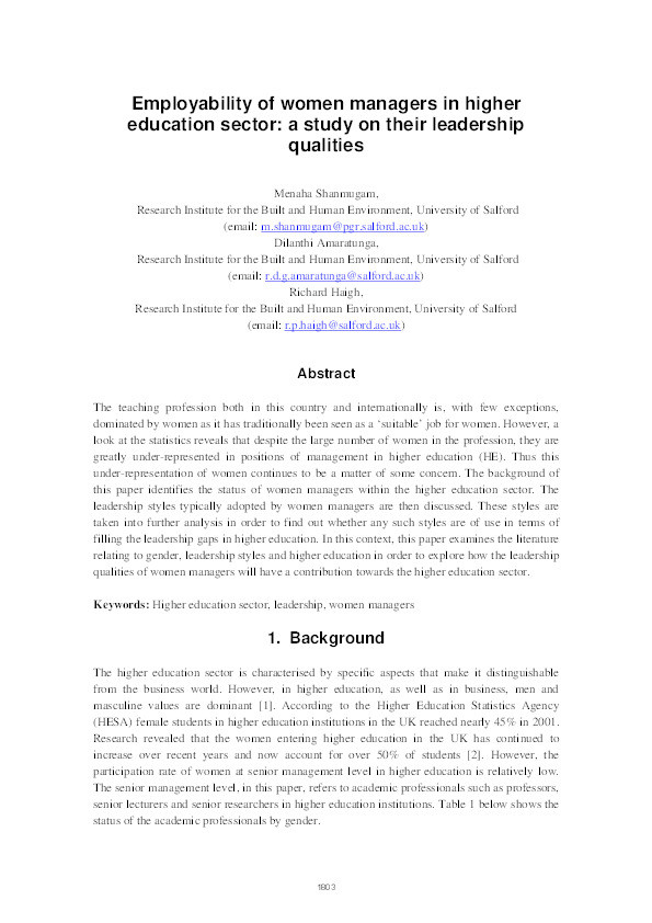 Employability of women managers in higher education sector: a study on their leadership qualities Thumbnail