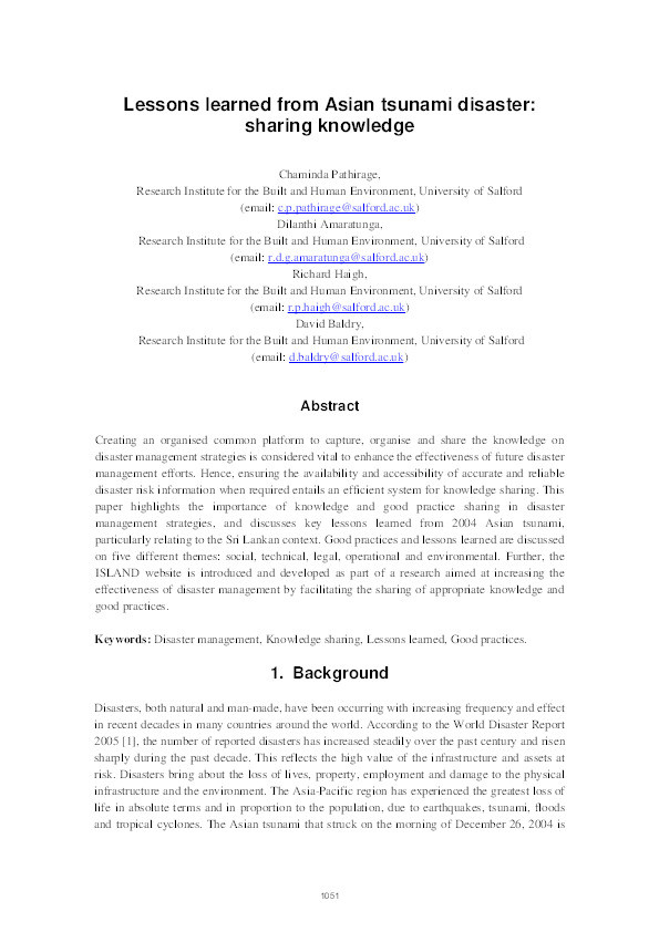Lessons learned from Asian tsunami disaster: Sharing knowledge Thumbnail