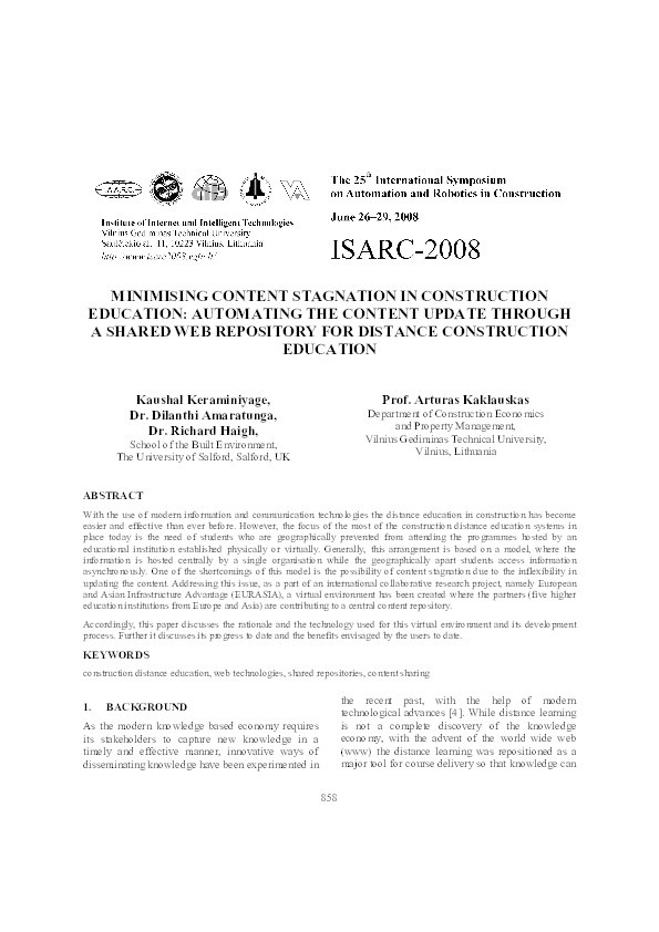 Minimising content stagnation in construction education: Automating the content update through a shared web repository for distance construction education Thumbnail