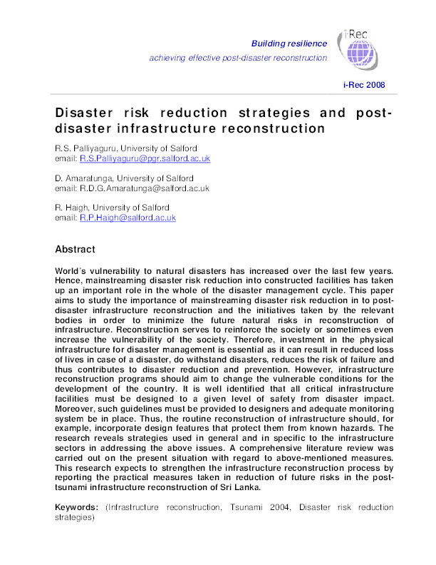 Disaster risk reduction strategies and post-disaster infrastructure reconstruction Thumbnail