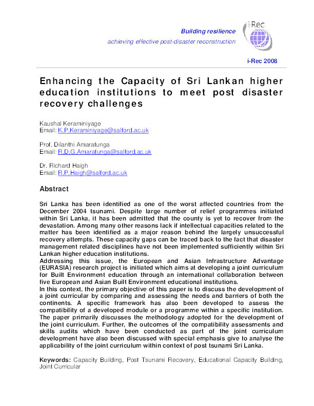 Enhancing the capacity of Sri Lankan higher education institutions to meet post disaster recovery challenges Thumbnail