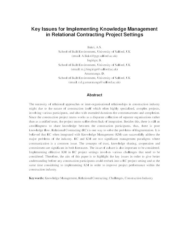 Key issues for implementing knowledge management in relational contracting project settings Thumbnail