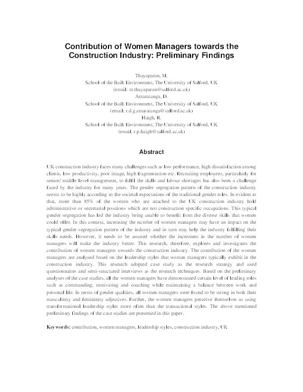 Contribution of women managers towards the construction industry: Preliminary findings Thumbnail