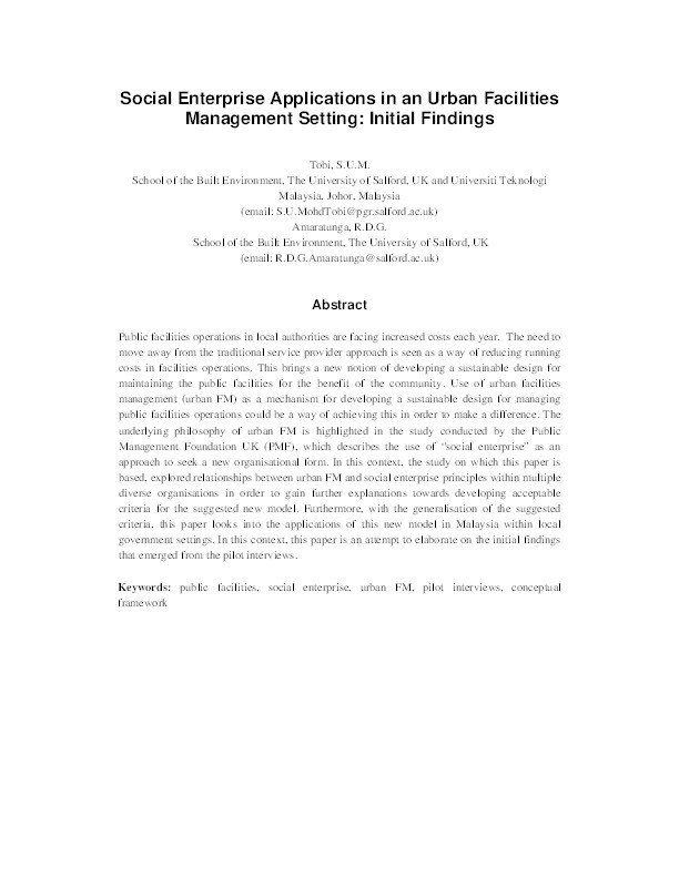 Social enterprise applications in an urban facilities management setting: Initial findings Thumbnail