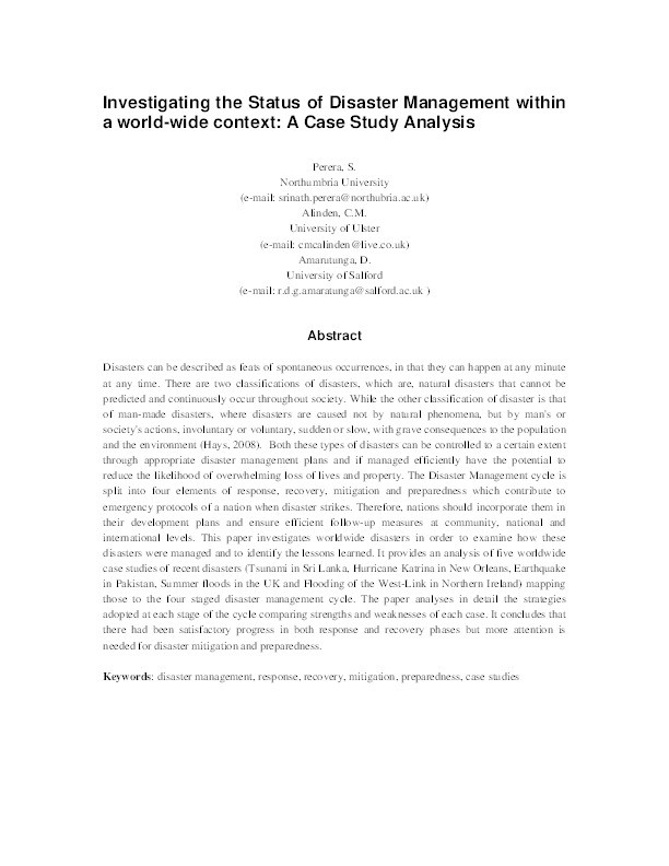 Investigating the status of disaster management within a world-wide context: a case study analysis Thumbnail