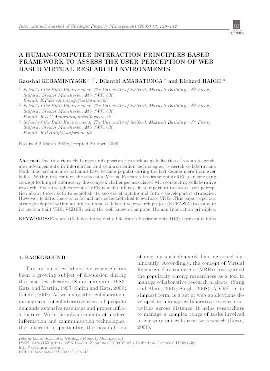 A HCI principles based framework to assess the user perception of web based Virtual Research Environments. Special issue on Capacity building for post disaster infrastructure development and management Thumbnail