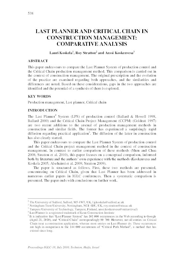 Last planner and critical chain in construction management: comparative analysis Thumbnail
