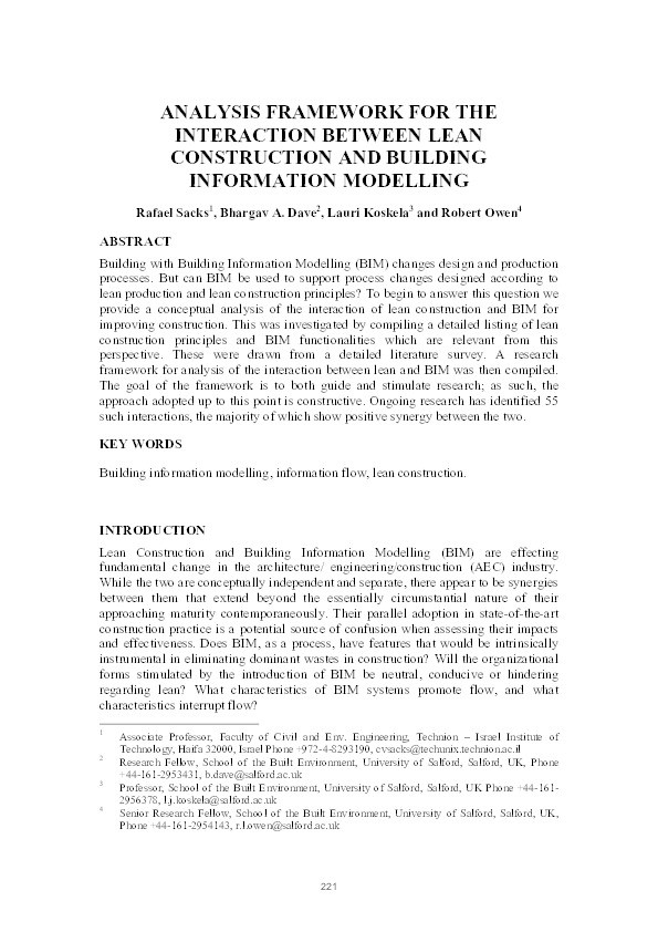 Analysis framework for the interaction between lean construction and building information modelling Thumbnail