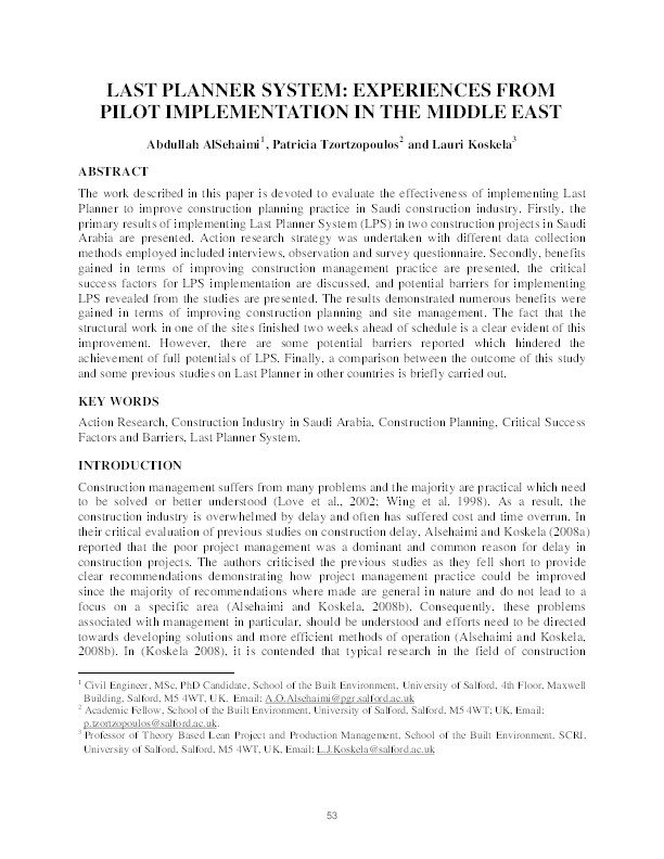 Last planner system : experiences from pilot implementation in the Middle East Thumbnail