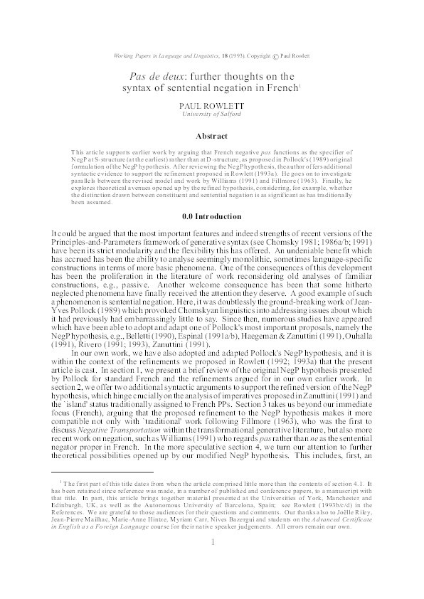 Pas de deux: further thoughts on the syntax of sentential negation in French Thumbnail