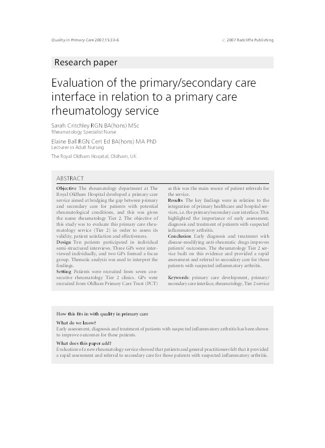 Evaluation of the primary/secondary care interface in relation to a primary care rheumatology service Thumbnail