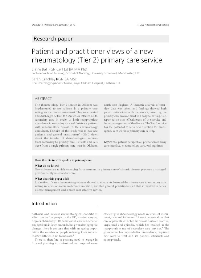 Patient and practitioner views of a new rheumatology (Tier 2) primary care service Thumbnail