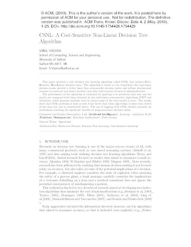 CSNL: A cost-sensitive non-linear decision tree algorithm Thumbnail