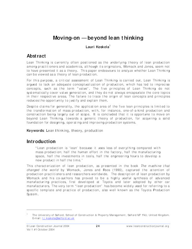 Moving on - beyond lean thinking Thumbnail