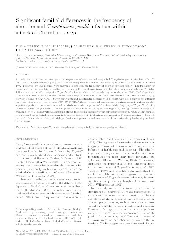 Significant familial differences in the frequency of
abortion and Toxoplasma gondii infection within
a flock of Charollais sheep Thumbnail