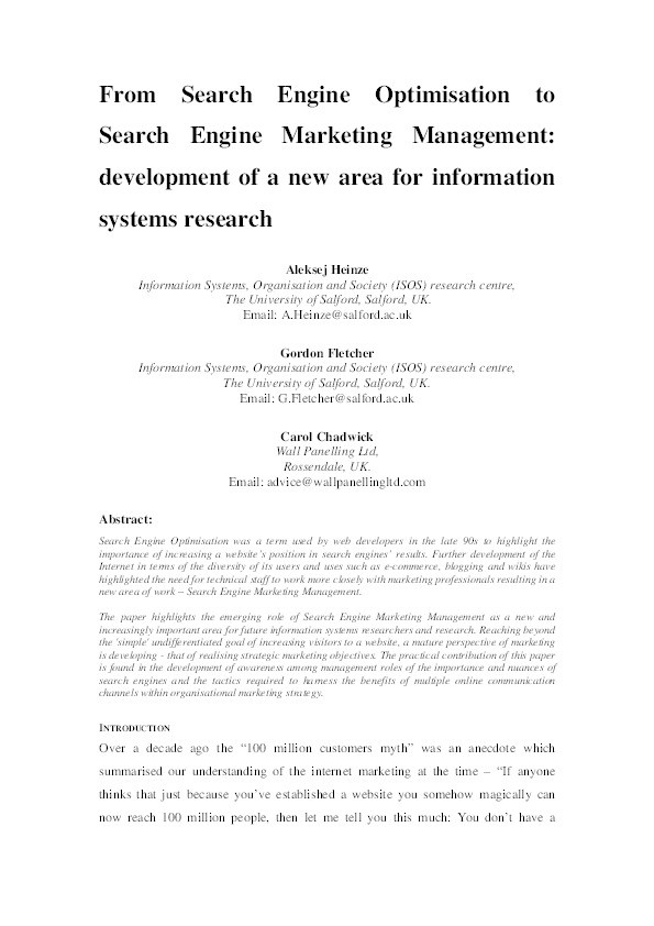From search engine optimisation to search engine marketing management: development of a new area for information systems research Thumbnail