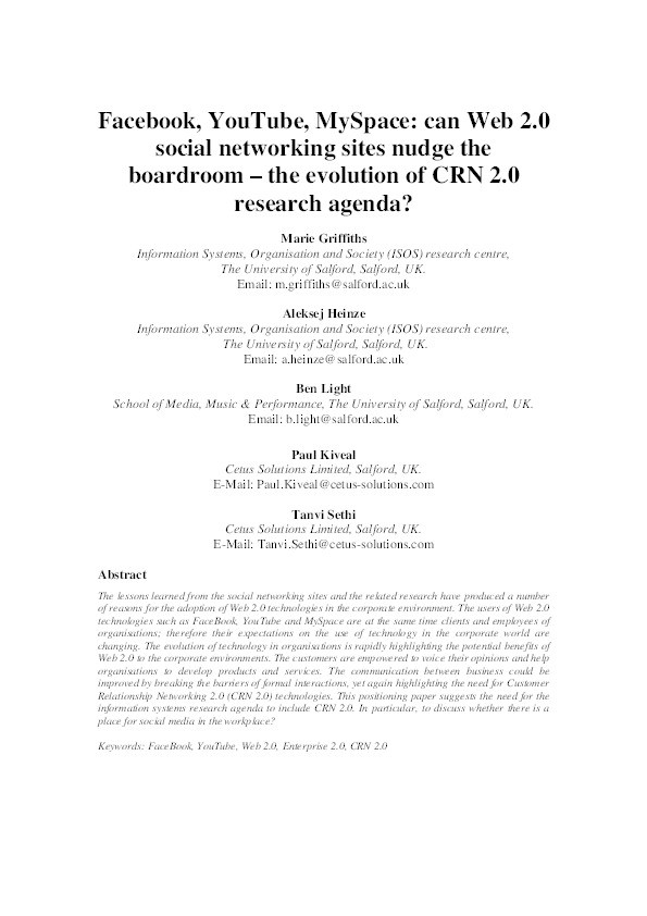 Facebook, YouTube, MySpace: can Web 2.0 social networking sites nudge the boardroom – the evolution of CRN 2.0 research agenda? Thumbnail