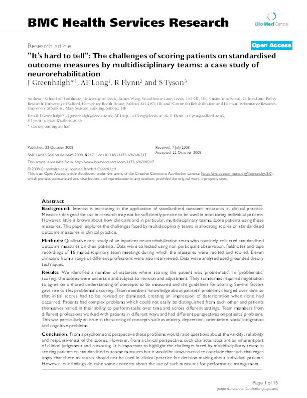 “It’s hard to tell”. The challenges of scoring patients on standardised outcome measures by multidisciplinary teams: a case study of Neurorehabilitation Thumbnail