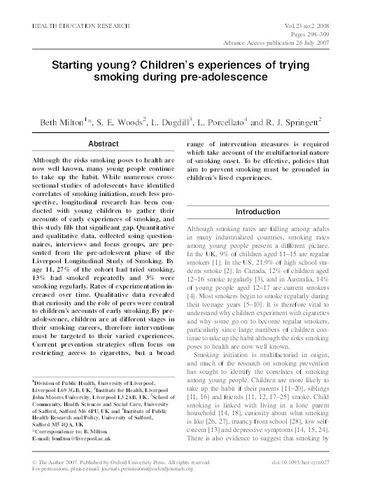 Starting young? children’s experiences of trying smoking during pre-adolescence Thumbnail