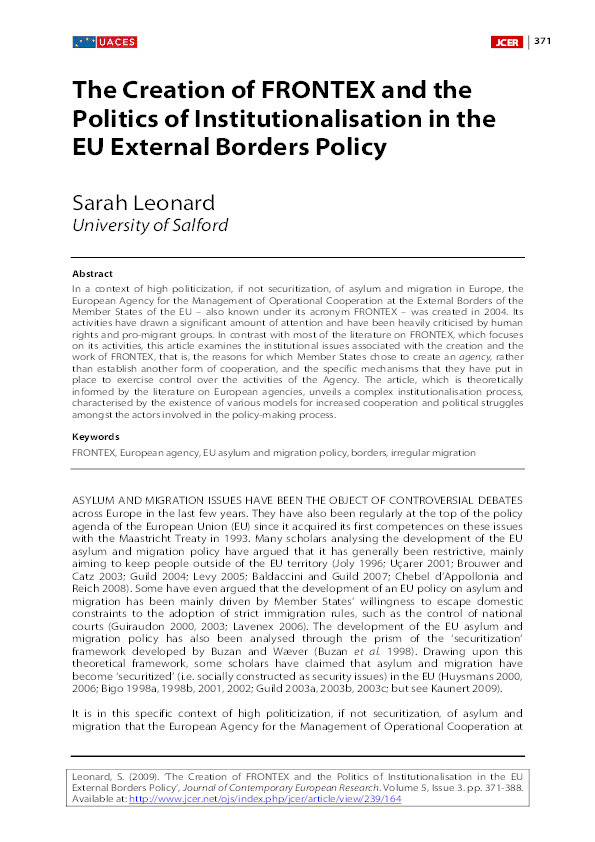 The creation of FRONTEX and the politics of institutionalisation in the EU external borders policy Thumbnail