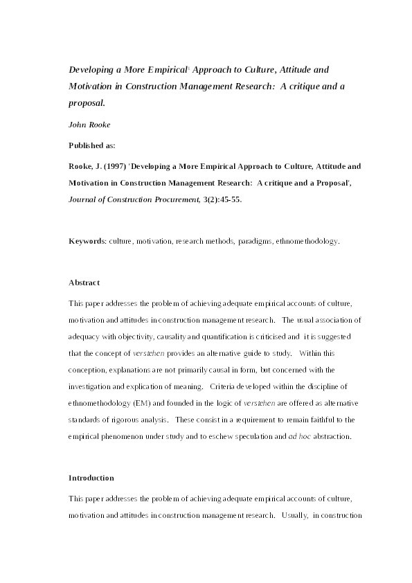 Developing a more empirical approach to culture, attitude and motivation in construction management research: a critique and a proposal Thumbnail