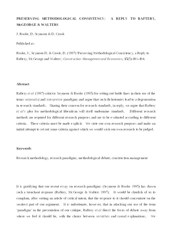 Preserving methodological consistency, a reply to Raftery, McGeorge and Walters Thumbnail