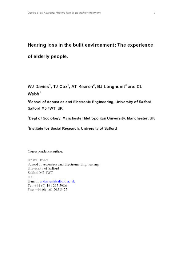Hearing loss in the built environment : the experience of elderly people Thumbnail