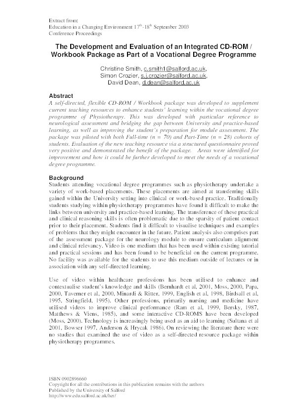The development and evaluation of an integrated CD-ROM / workbook package as part of a vocational degree programme Thumbnail