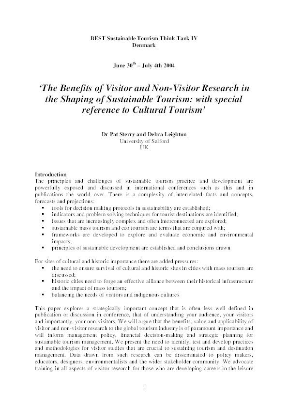 The benefits of visitor and non-visitor research in the shaping of sustainable tourism; with specific reference to cultural tourism Thumbnail