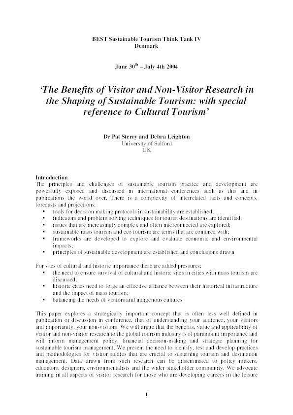 The benefits of visitor and non-visitor research in the shaping of sustainable tourism; with specific reference to cultural tourism Thumbnail