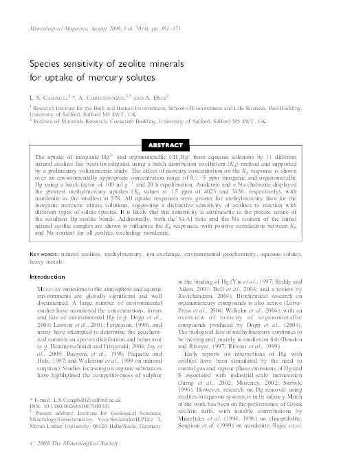 Species sensitivity of zeolite minerals for uptake of mercury solutes Thumbnail